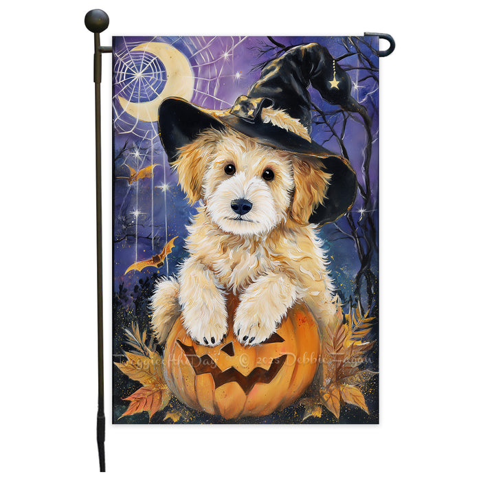 Goldendoodle Witch Hat Pumpkin Garden Flag Halloween Fall Outdoor Decor Farmhouse Yard Banner Dog Lover Gift Single or Double Sided 12.5 x 18 Inch