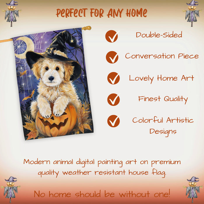 Goldendoodle Witch Hat Pumpkin Halloween House Flag 28 x 40 Inch Fall Outdoor Decor Farmhouse Yard Banner Double Sided Dog Lover Gift