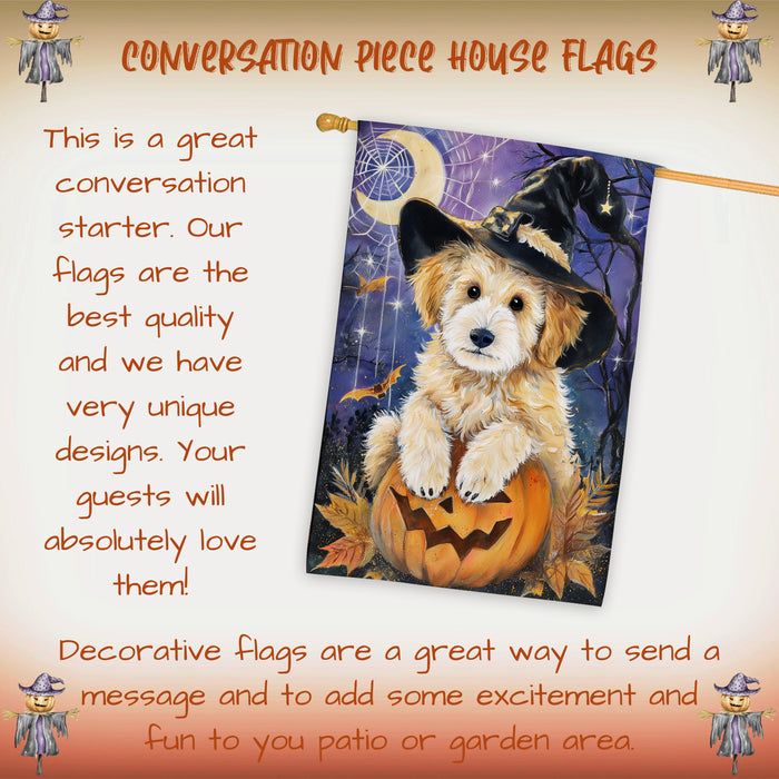 Goldendoodle Witch Hat Pumpkin Halloween House Flag 28 x 40 Inch Fall Outdoor Decor Farmhouse Yard Banner Double Sided Dog Lover Gift