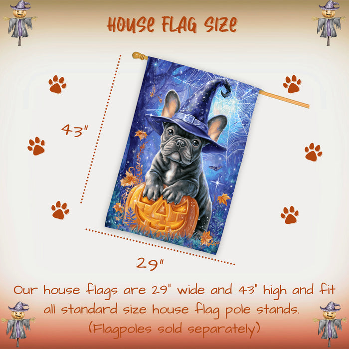 French Bulldog Halloween House Flag 28 x 40 Inch Witch Hat Pumpkin Fall Porch Decor Autumn Outdoor Home Banner Double Sided Dog Lover Gift