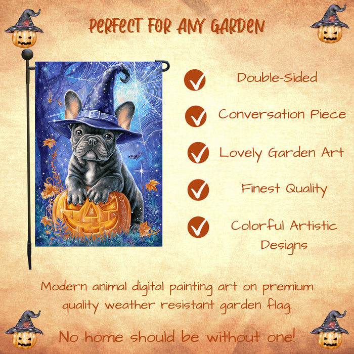 French Bulldog Witch Hat Pumpkin Garden Flag Halloween Fall Outdoor Decor Night Sky Spider Web Yard Banner Single or Double Sided 12.5 x 18 Inch
