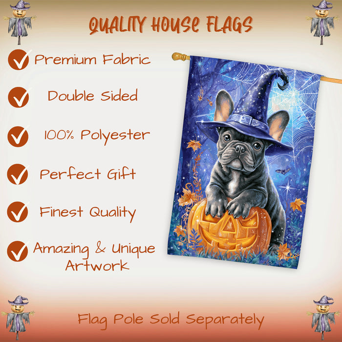 French Bulldog Halloween House Flag 28 x 40 Inch Witch Hat Pumpkin Fall Porch Decor Autumn Outdoor Home Banner Double Sided Dog Lover Gift