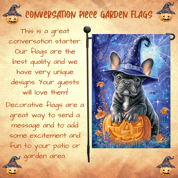 French Bulldog Witch Hat Pumpkin Garden Flag Halloween Fall Outdoor Decor Night Sky Spider Web Yard Banner Single or Double Sided 12.5 x 18 Inch