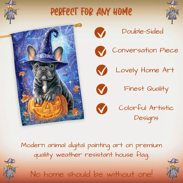 French Bulldog Halloween House Flag 28 x 40 Inch Witch Hat Pumpkin Fall Porch Decor Autumn Outdoor Home Banner Double Sided Dog Lover Gift