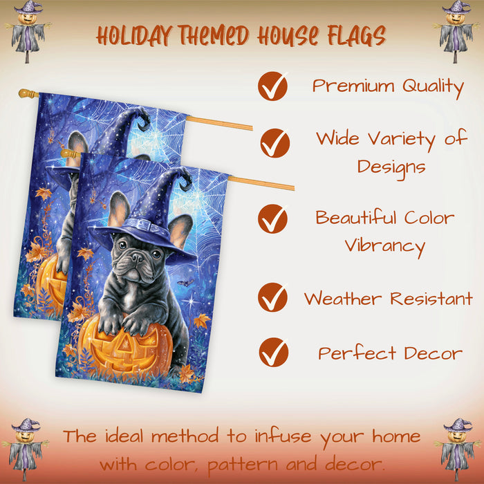French Bulldog Halloween House Flag 28 x 40 Inch Witch Hat Pumpkin Fall Porch Decor Autumn Outdoor Home Banner Double Sided Dog Lover Gift