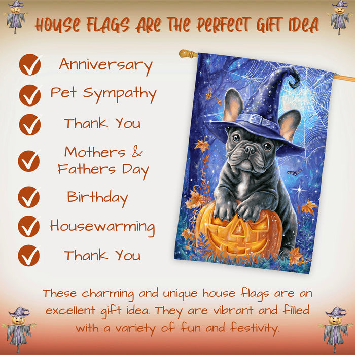 French Bulldog Halloween House Flag 28 x 40 Inch Witch Hat Pumpkin Fall Porch Decor Autumn Outdoor Home Banner Double Sided Dog Lover Gift