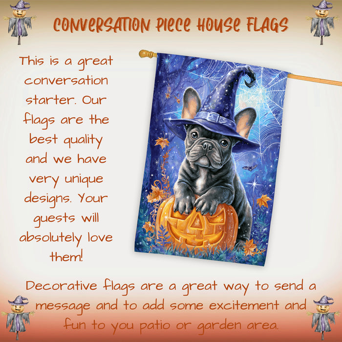 French Bulldog Halloween House Flag 28 x 40 Inch Witch Hat Pumpkin Fall Porch Decor Autumn Outdoor Home Banner Double Sided Dog Lover Gift
