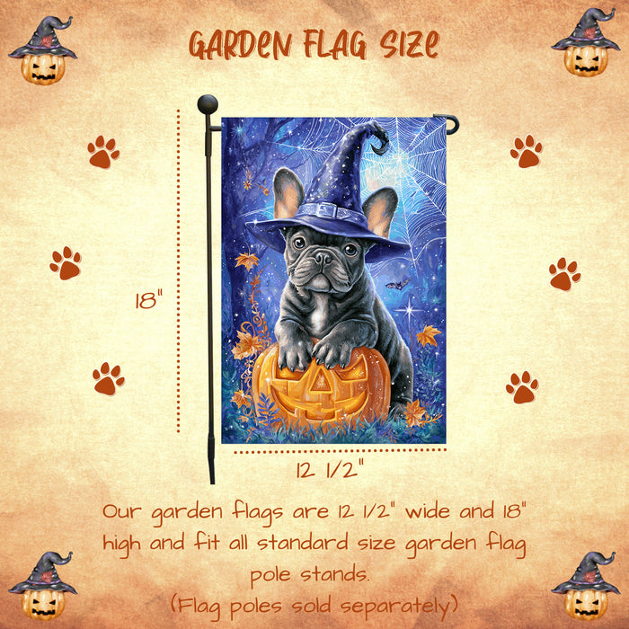 French Bulldog Witch Hat Pumpkin Garden Flag Halloween Fall Outdoor Decor Night Sky Spider Web Yard Banner Single or Double Sided 12.5 x 18 Inch