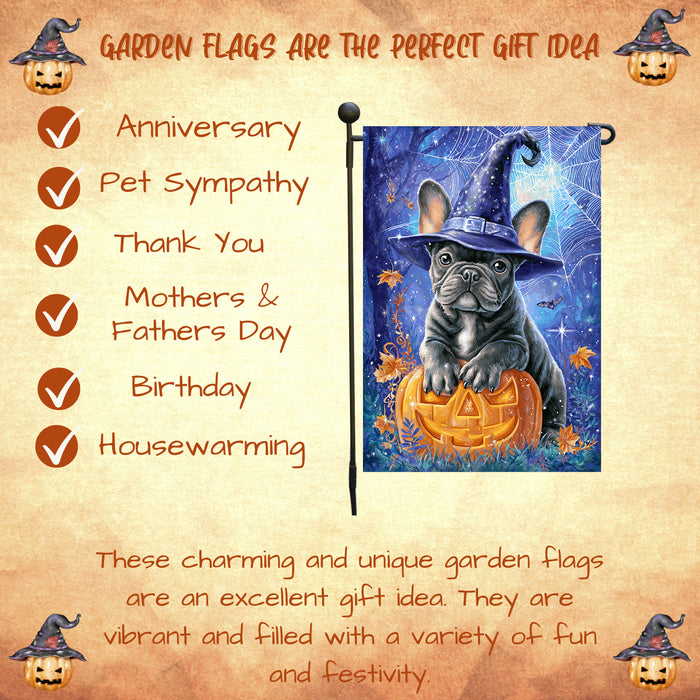 French Bulldog Witch Hat Pumpkin Garden Flag Halloween Fall Outdoor Decor Night Sky Spider Web Yard Banner Single or Double Sided 12.5 x 18 Inch