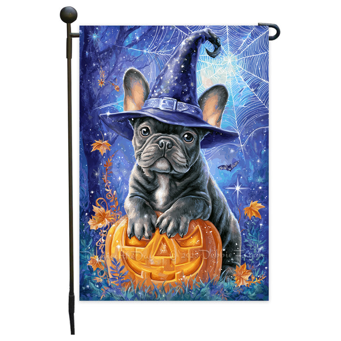 French Bulldog Witch Hat Pumpkin Garden Flag Halloween Fall Outdoor Decor Night Sky Spider Web Yard Banner Single or Double Sided 12.5 x 18 Inch