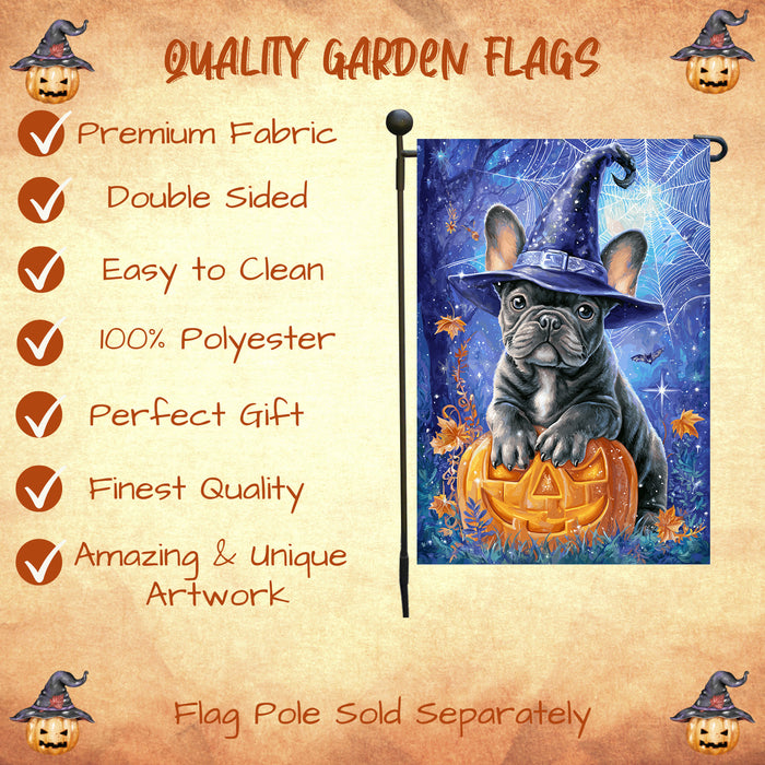 French Bulldog Witch Hat Pumpkin Garden Flag Halloween Fall Outdoor Decor Night Sky Spider Web Yard Banner Single or Double Sided 12.5 x 18 Inch