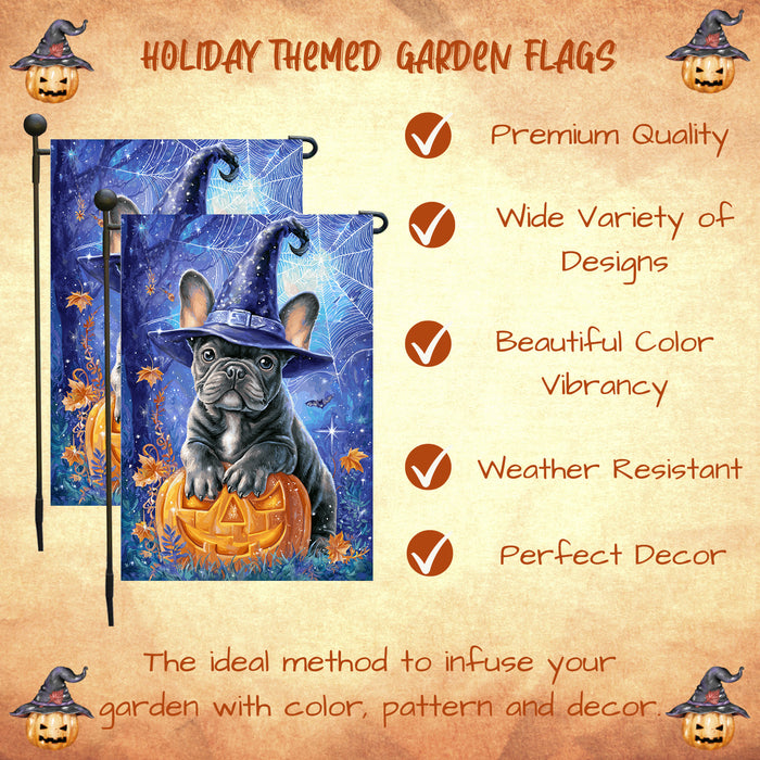 French Bulldog Witch Hat Pumpkin Garden Flag Halloween Fall Outdoor Decor Night Sky Spider Web Yard Banner Single or Double Sided 12.5 x 18 Inch