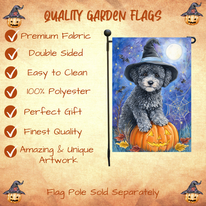 Poodle Pumpkin Bat Garden Flag Halloween Fall Outdoor Decor Witch Hat Puppy Yard Banner Dog Lover Gift Single or Double Sided 12.5 x 18 Inch