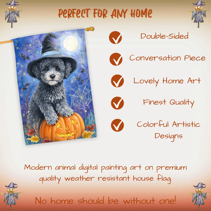 Poodle Halloween Porch Flag 28 x 40 Inch Fall Harvest Decoration Autumn Pumpkin Witch Hat Double Sided Dog Lover Yard Banner