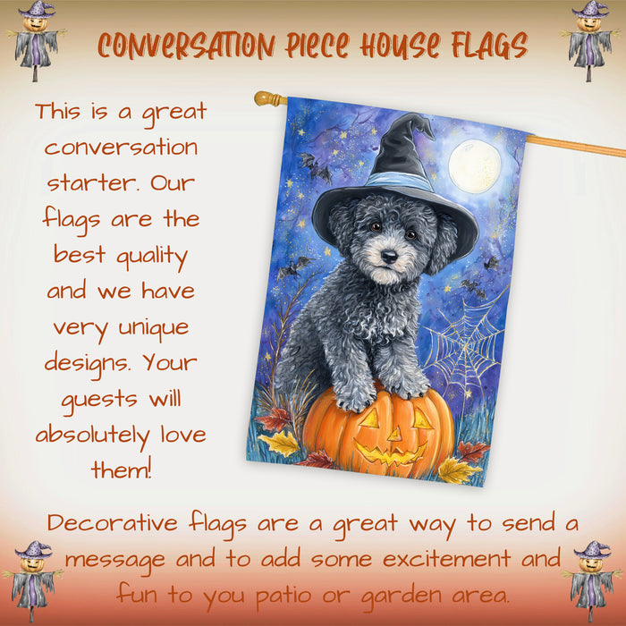 Poodle Halloween Porch Flag 28 x 40 Inch Fall Harvest Decoration Autumn Pumpkin Witch Hat Double Sided Dog Lover Yard Banner