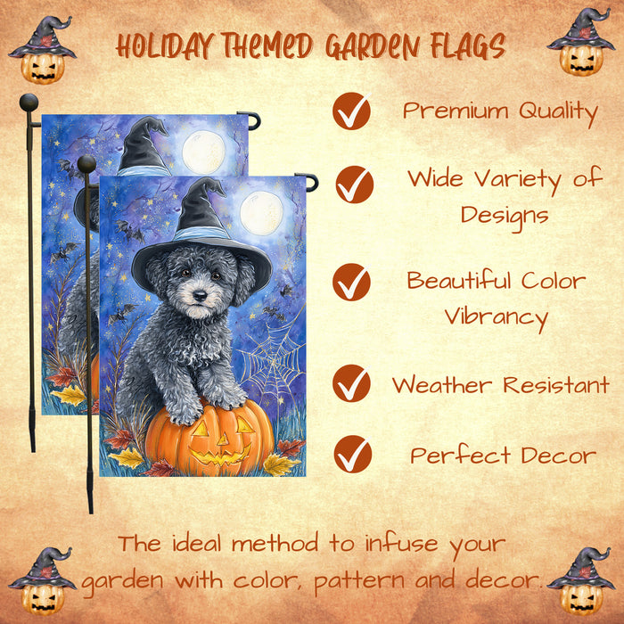 Poodle Pumpkin Bat Garden Flag Halloween Fall Outdoor Decor Witch Hat Puppy Yard Banner Dog Lover Gift Single or Double Sided 12.5 x 18 Inch