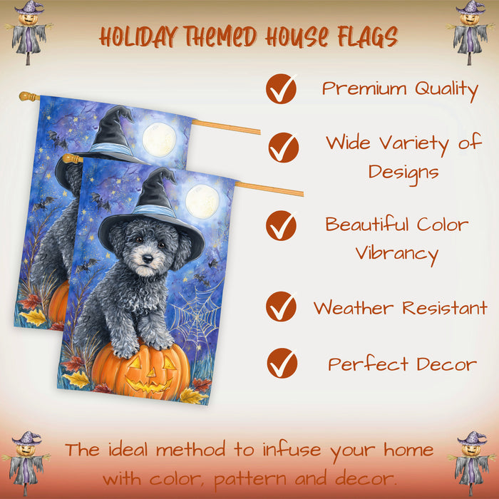 Poodle Halloween Porch Flag 28 x 40 Inch Fall Harvest Decoration Autumn Pumpkin Witch Hat Double Sided Dog Lover Yard Banner