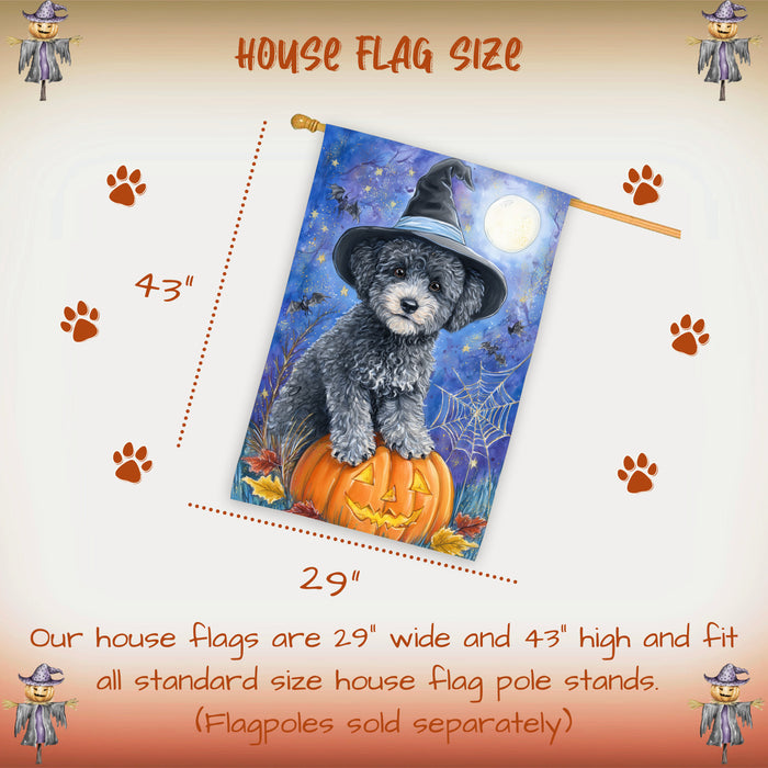Poodle Halloween Porch Flag 28 x 40 Inch Fall Harvest Decoration Autumn Pumpkin Witch Hat Double Sided Dog Lover Yard Banner
