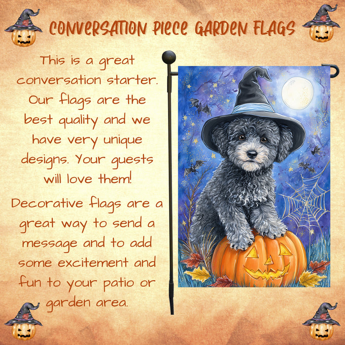 Poodle Pumpkin Bat Garden Flag Halloween Fall Outdoor Decor Witch Hat Puppy Yard Banner Dog Lover Gift Single or Double Sided 12.5 x 18 Inch