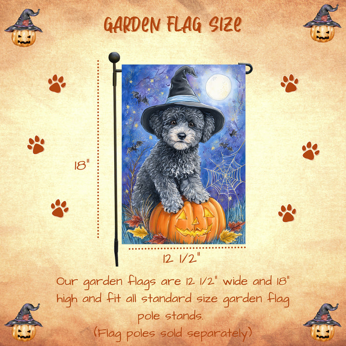 Poodle Pumpkin Bat Garden Flag Halloween Fall Outdoor Decor Witch Hat Puppy Yard Banner Dog Lover Gift Single or Double Sided 12.5 x 18 Inch