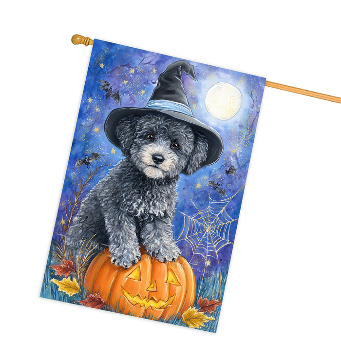 Poodle Halloween Porch Flag 28 x 40 Inch Fall Harvest Decoration Autumn Pumpkin Witch Hat Double Sided Dog Lover Yard Banner