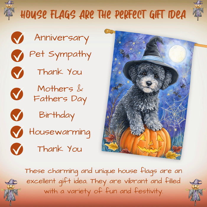 Poodle Halloween Porch Flag 28 x 40 Inch Fall Harvest Decoration Autumn Pumpkin Witch Hat Double Sided Dog Lover Yard Banner