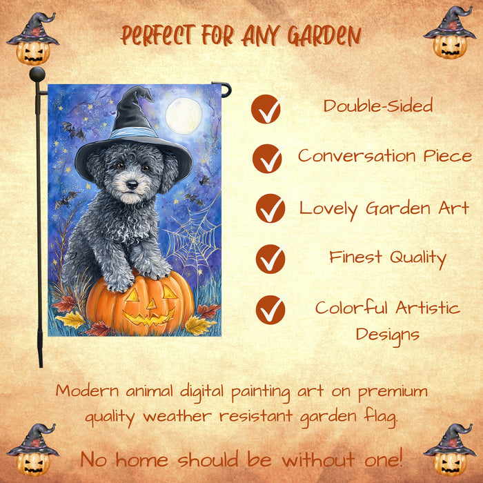 Poodle Pumpkin Bat Garden Flag Halloween Fall Outdoor Decor Witch Hat Puppy Yard Banner Dog Lover Gift Single or Double Sided 12.5 x 18 Inch