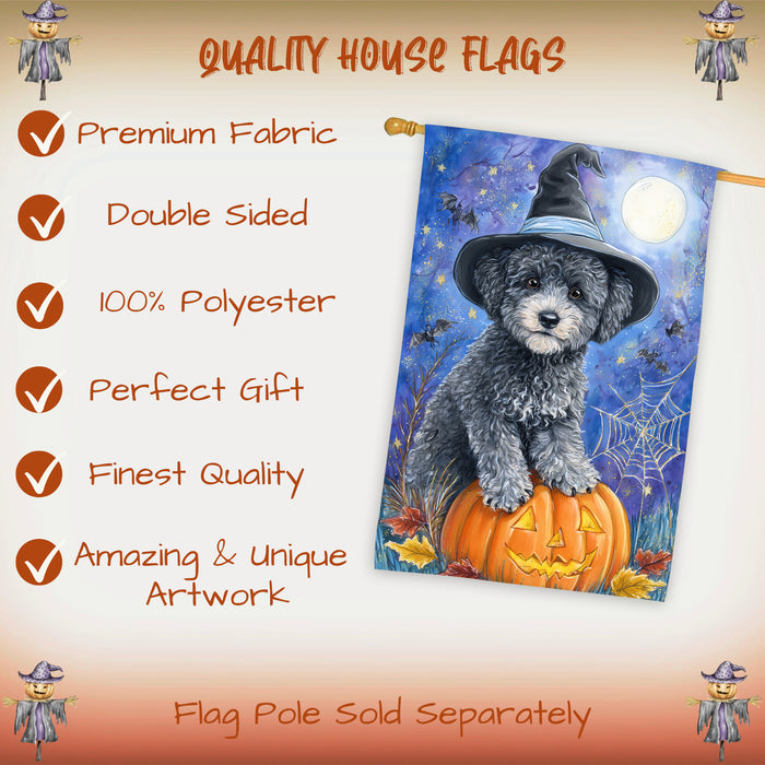 Poodle Halloween Porch Flag 28 x 40 Inch Fall Harvest Decoration Autumn Pumpkin Witch Hat Double Sided Dog Lover Yard Banner