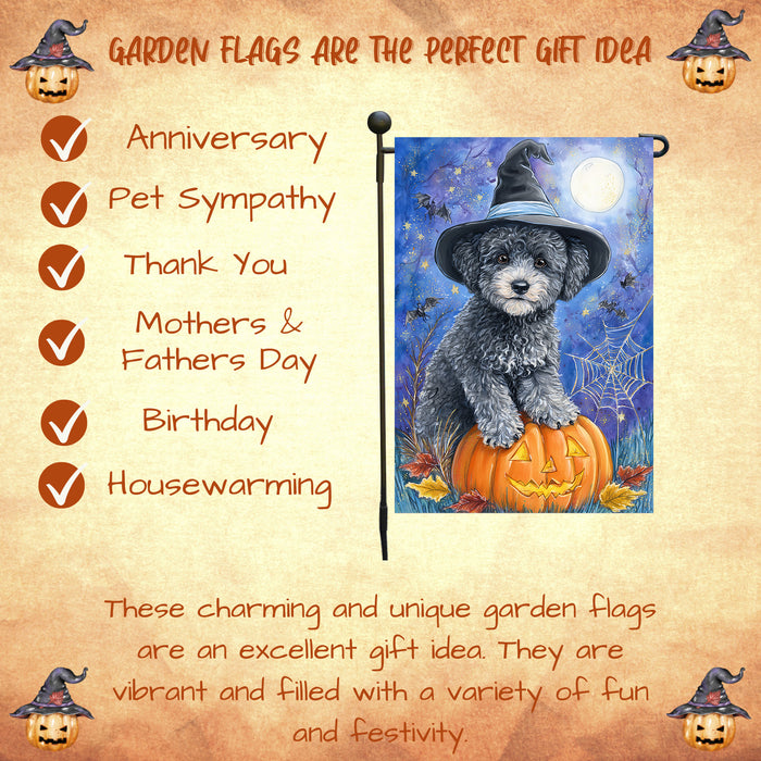 Poodle Pumpkin Bat Garden Flag Halloween Fall Outdoor Decor Witch Hat Puppy Yard Banner Dog Lover Gift Single or Double Sided 12.5 x 18 Inch