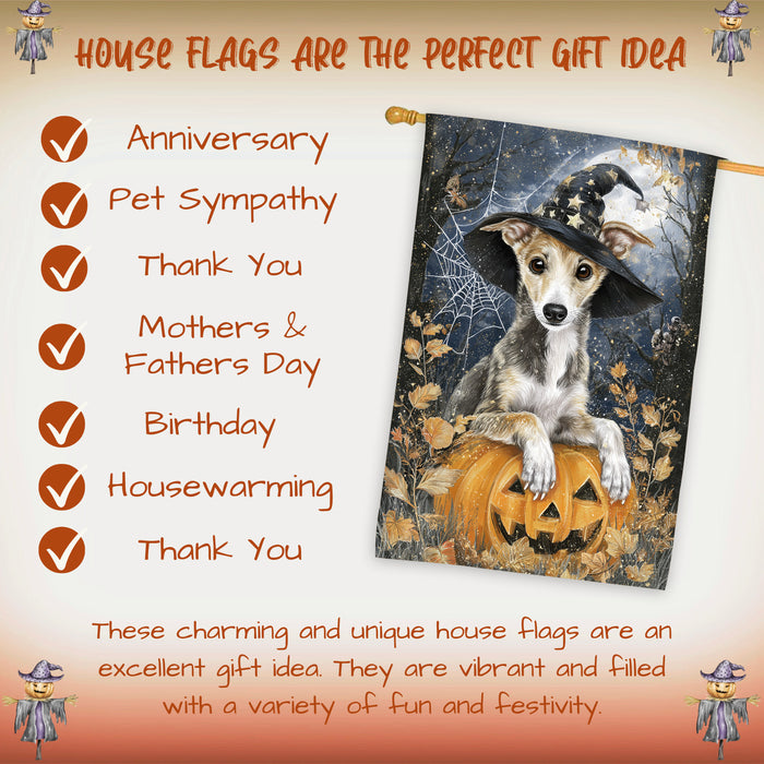 Greyhound Pumpkin Bat Halloween House Flag 28 x 40 Inch Fall Porch Banner Autumn Harvest Outdoor Home Decor Double Sided Dog Lover Gift