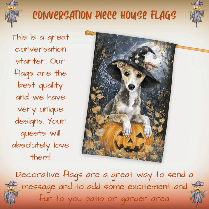 Greyhound Pumpkin Bat Halloween House Flag 28 x 40 Inch Fall Porch Banner Autumn Harvest Outdoor Home Decor Double Sided Dog Lover Gift