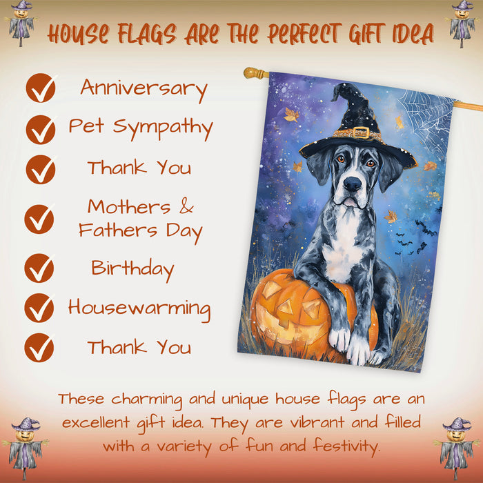 Great Dane Witch Hat Halloween House Flag 28 x 40 Inch Fall Harvest Pumpkin Design Porch Banner Double Sided Dog Lover Autumn Home Decoration