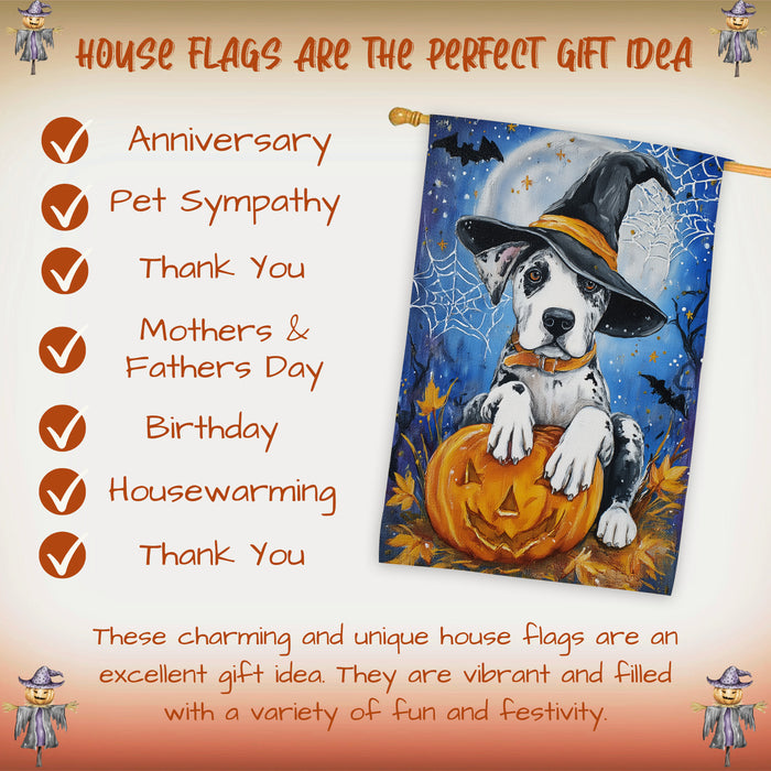 Great Dane Halloween House Flag 28 x 40 Inch Spooky Moon Night Fall Porch Banner Haunted Outdoor Home Decor Double Sided Dog Lover Gift