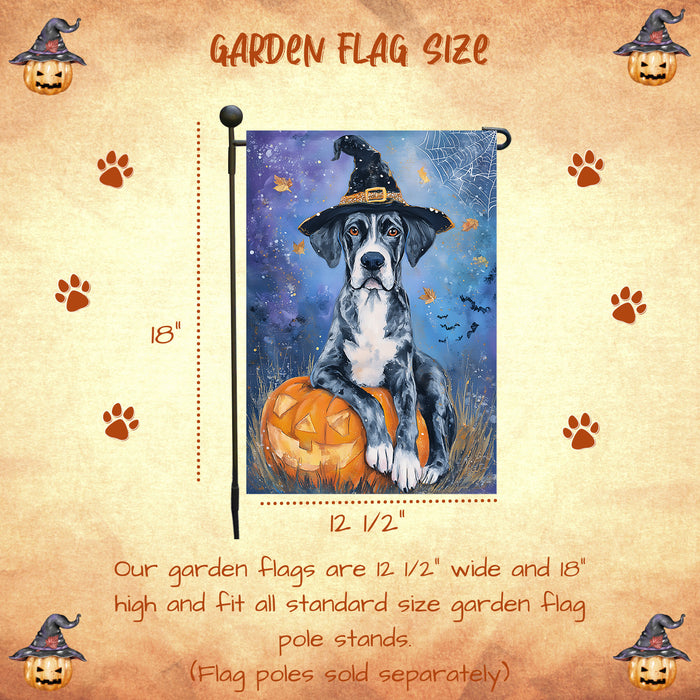 Great Dane Pumpkin Carving Garden Flag Fall Halloween Yard Decor Autumn Leaves Dog Lover Gift Spider Web Bat Design Single or Double Sided 12.5 x 18 Inch