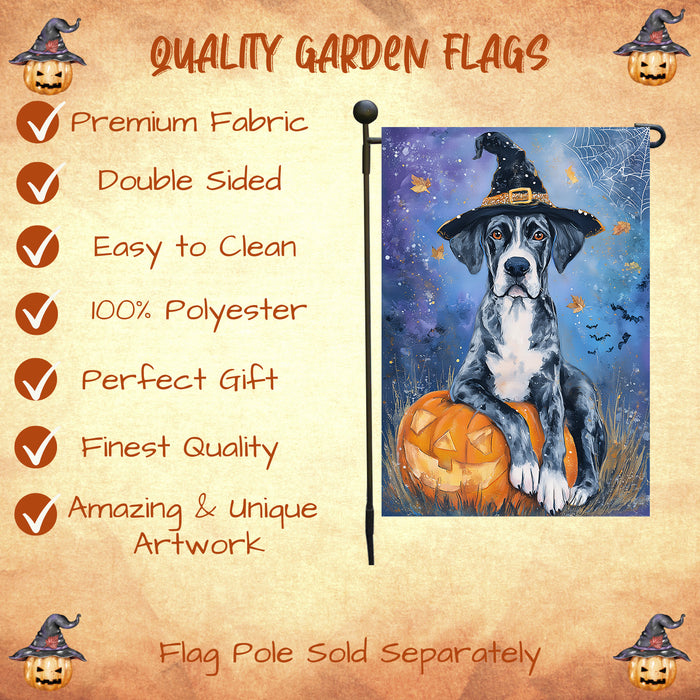 Great Dane Pumpkin Carving Garden Flag Fall Halloween Yard Decor Autumn Leaves Dog Lover Gift Spider Web Bat Design Single or Double Sided 12.5 x 18 Inch