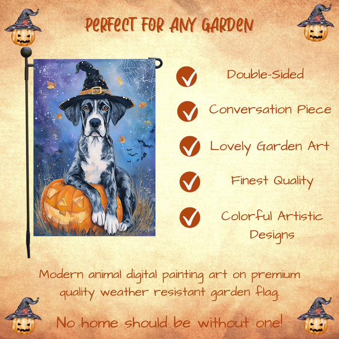 Great Dane Pumpkin Carving Garden Flag Fall Halloween Yard Decor Autumn Leaves Dog Lover Gift Spider Web Bat Design Single or Double Sided 12.5 x 18 Inch
