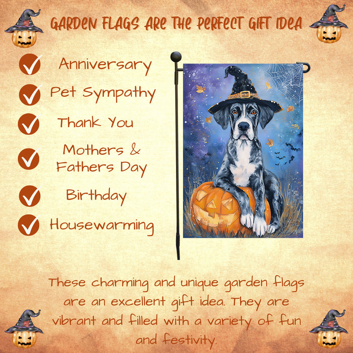 Great Dane Pumpkin Carving Garden Flag Fall Halloween Yard Decor Autumn Leaves Dog Lover Gift Spider Web Bat Design Single or Double Sided 12.5 x 18 Inch