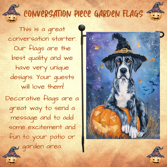 Great Dane Pumpkin Carving Garden Flag Fall Halloween Yard Decor Autumn Leaves Dog Lover Gift Spider Web Bat Design Single or Double Sided 12.5 x 18 Inch