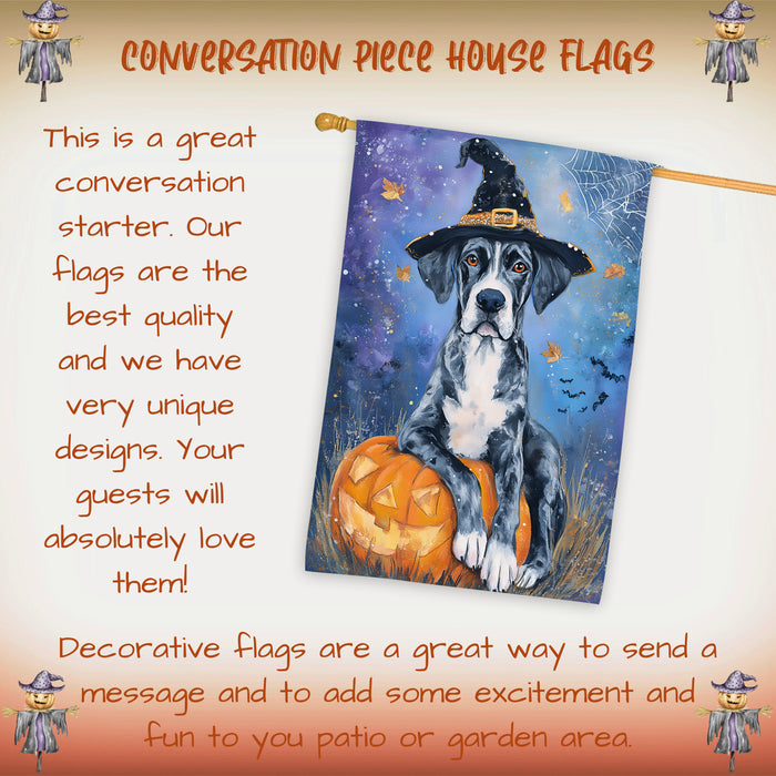 Great Dane Witch Hat Halloween House Flag 28 x 40 Inch Fall Harvest Pumpkin Design Porch Banner Double Sided Dog Lover Autumn Home Decoration
