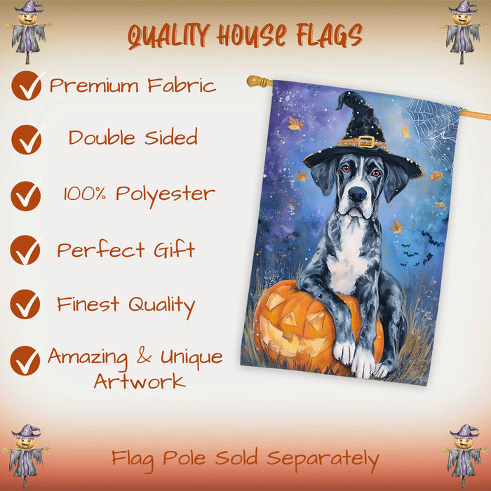 Great Dane Witch Hat Halloween House Flag 28 x 40 Inch Fall Harvest Pumpkin Design Porch Banner Double Sided Dog Lover Autumn Home Decoration