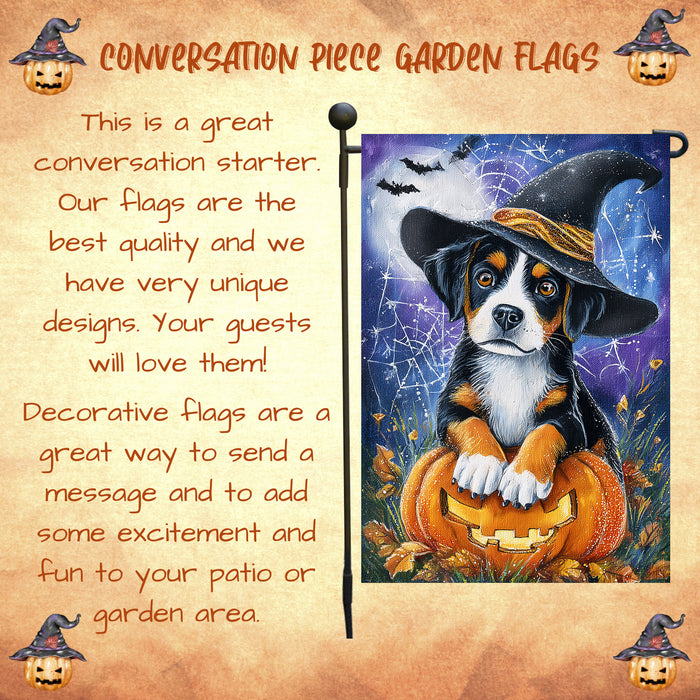 Greater Swiss Mountain Dog Halloween Pumpkin Yard Flag with Spooky Spider Web Design for Fall Outdoor Garden Decor 12.5 x 18 Inch Single or Double Sided
