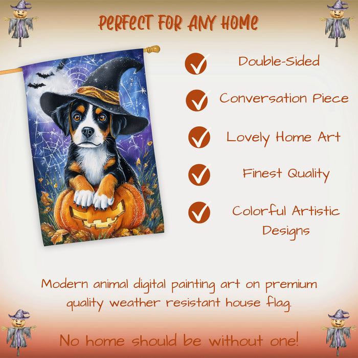 Greater Swiss Mountain Dog Halloween Autumn and Thanksgiving House Flag 28 x 40 Inch Fall Outdoor Yard Decor with Pumpkin and Spider Web Design