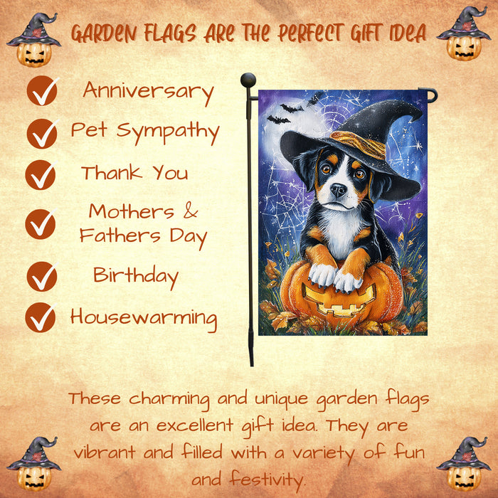 Greater Swiss Mountain Dog Halloween Pumpkin Yard Flag with Spooky Spider Web Design for Fall Outdoor Garden Decor 12.5 x 18 Inch Single or Double Sided