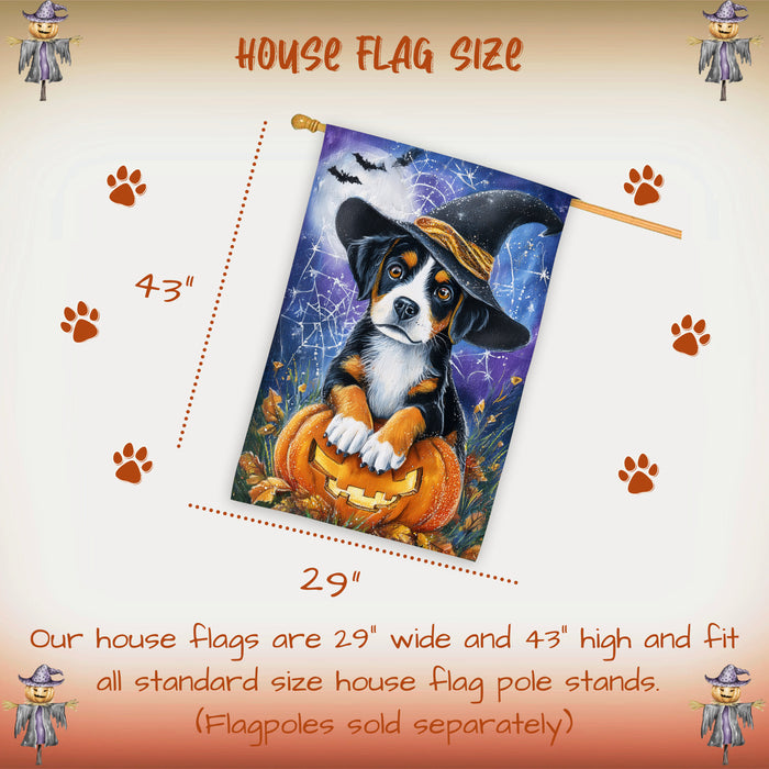 Greater Swiss Mountain Dog Halloween Autumn and Thanksgiving House Flag 28 x 40 Inch Fall Outdoor Yard Decor with Pumpkin and Spider Web Design