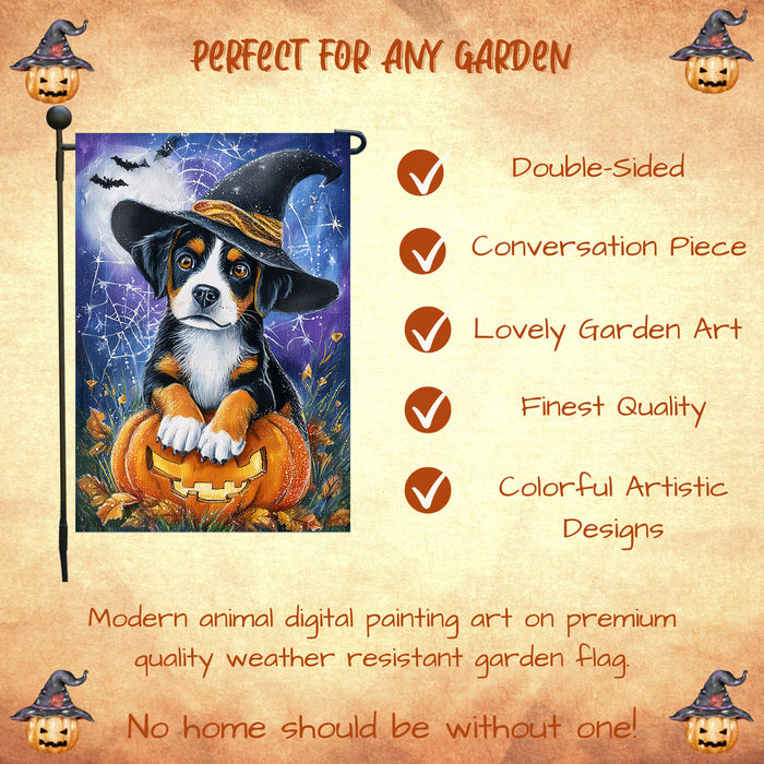 Greater Swiss Mountain Dog Halloween Pumpkin Yard Flag with Spooky Spider Web Design for Fall Outdoor Garden Decor 12.5 x 18 Inch Single or Double Sided