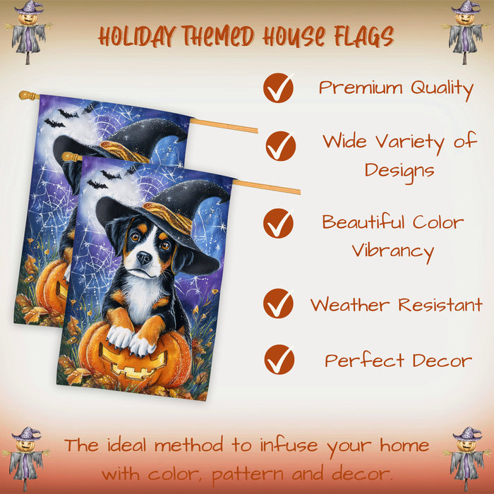Greater Swiss Mountain Dog Halloween Autumn and Thanksgiving House Flag 28 x 40 Inch Fall Outdoor Yard Decor with Pumpkin and Spider Web Design