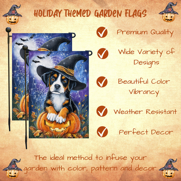 Greater Swiss Mountain Dog Halloween Pumpkin Yard Flag with Spooky Spider Web Design for Fall Outdoor Garden Decor 12.5 x 18 Inch Single or Double Sided