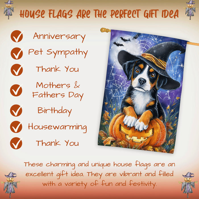 Greater Swiss Mountain Dog Halloween Autumn and Thanksgiving House Flag 28 x 40 Inch Fall Outdoor Yard Decor with Pumpkin and Spider Web Design