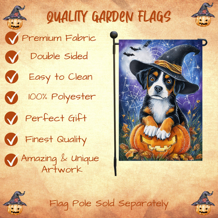 Greater Swiss Mountain Dog Halloween Pumpkin Yard Flag with Spooky Spider Web Design for Fall Outdoor Garden Decor 12.5 x 18 Inch Single or Double Sided