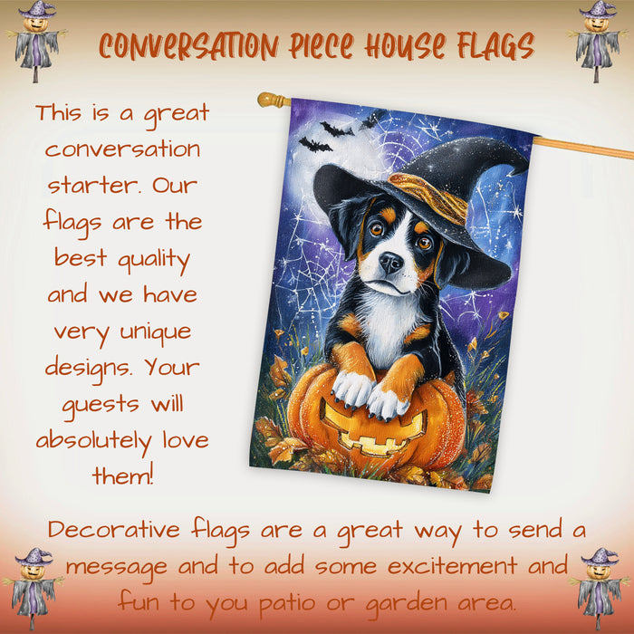 Greater Swiss Mountain Dog Halloween Autumn and Thanksgiving House Flag 28 x 40 Inch Fall Outdoor Yard Decor with Pumpkin and Spider Web Design